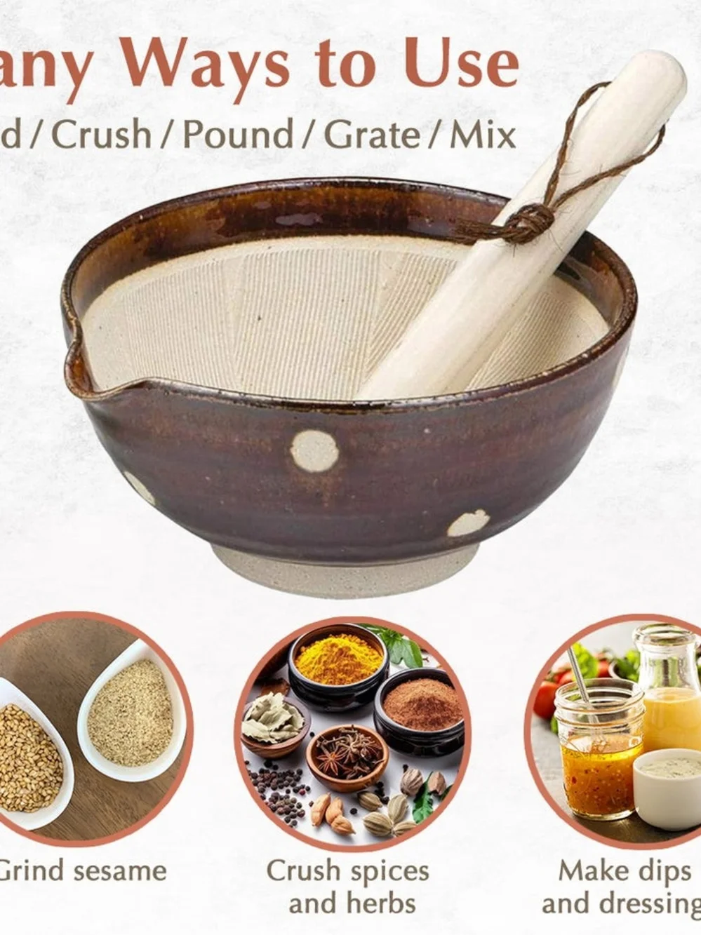 Ceramic Brown & Cream Japanese Suribachi Mortar and Pestle Authentic Japanese